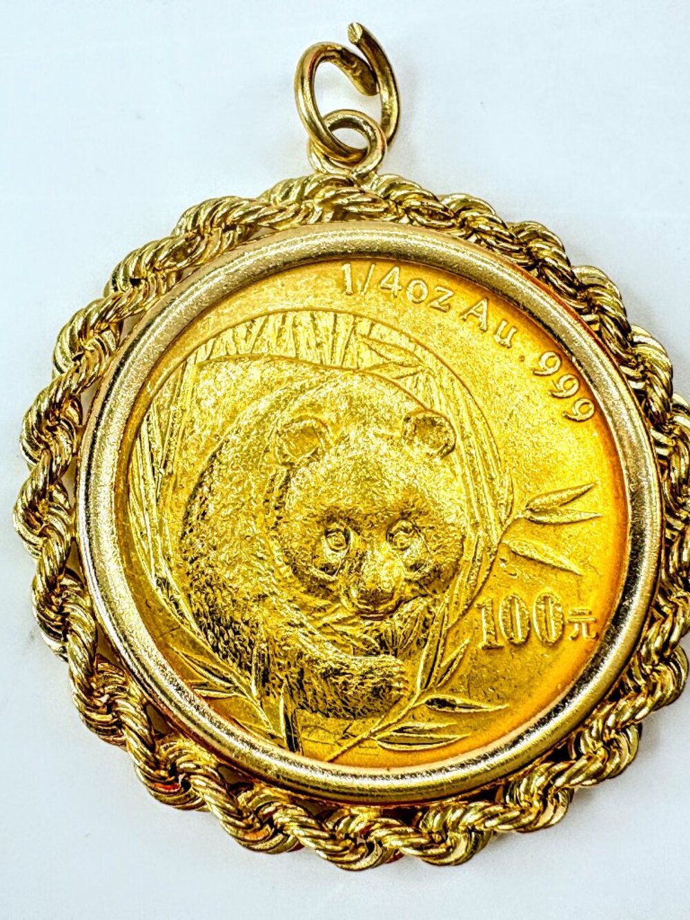 2003 China 1/4 oz 999 Gold Panda 100 Yuan Coin Pendant 14K bezel 10.6g JR1702